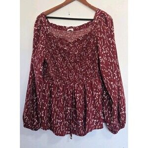ChicSoul Blouse Womens 1X Plus Red Floral Smocked Boho Festival Cottagecore